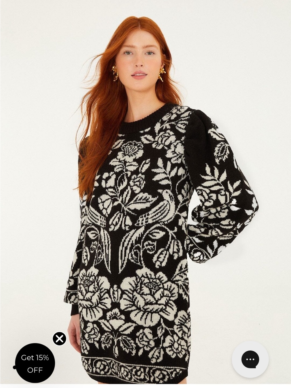 FARM Rio Black and White Floral Knit Mini Sweater Dress